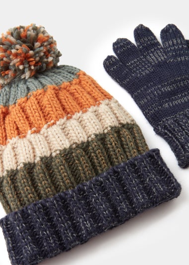 Boys 2 Piece Multicoloured Stripe Bobble Hat & Gloves Set (3-10yrs)