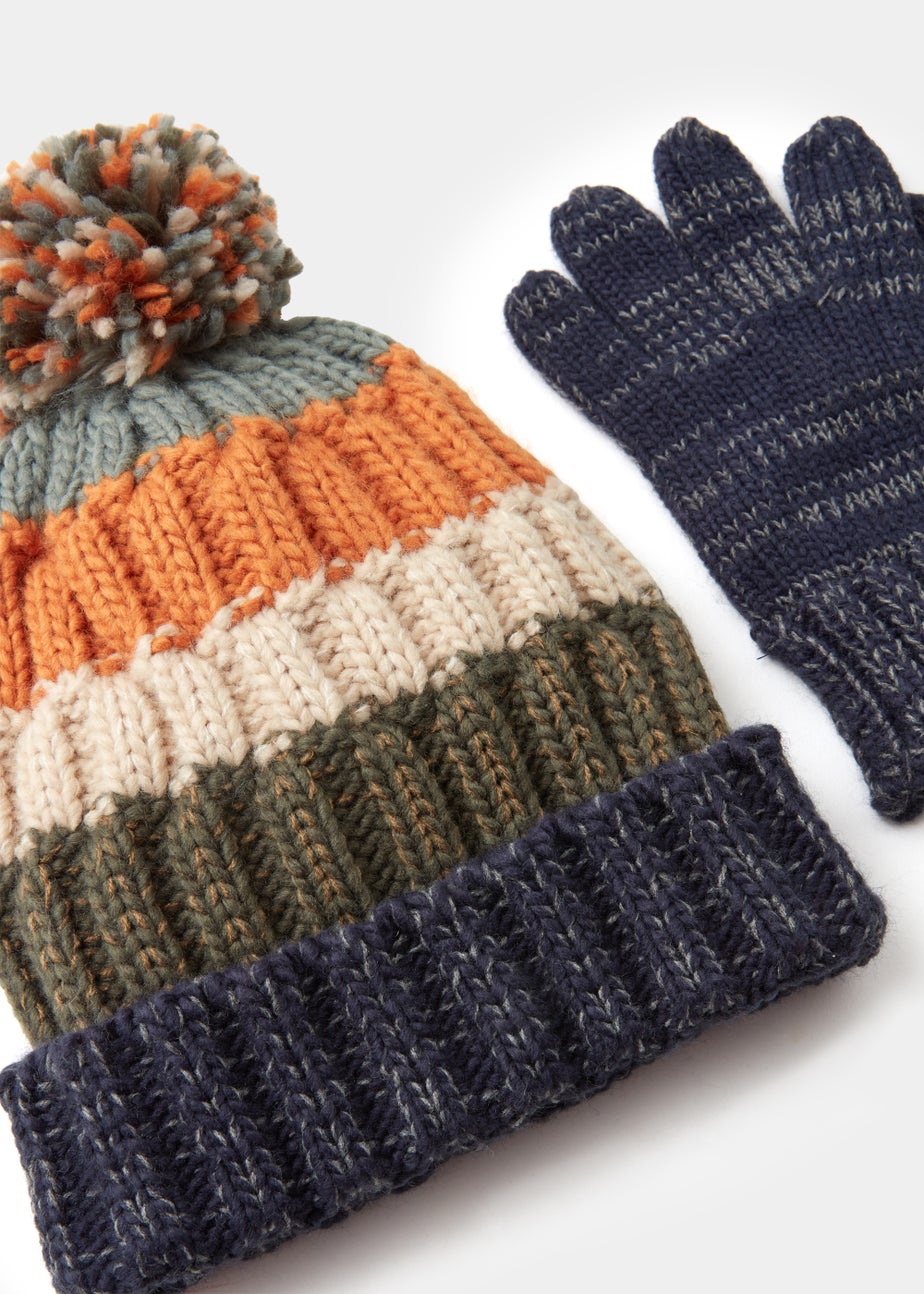 Boys 2 Piece Multicoloured Stripe Bobble Hat & Gloves Set (3-10yrs)