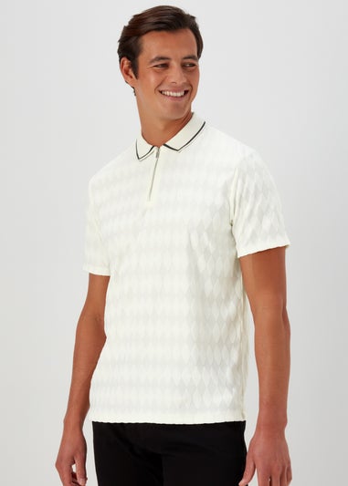 White Argyle Smart Towelling Zip Up Polo Shirt