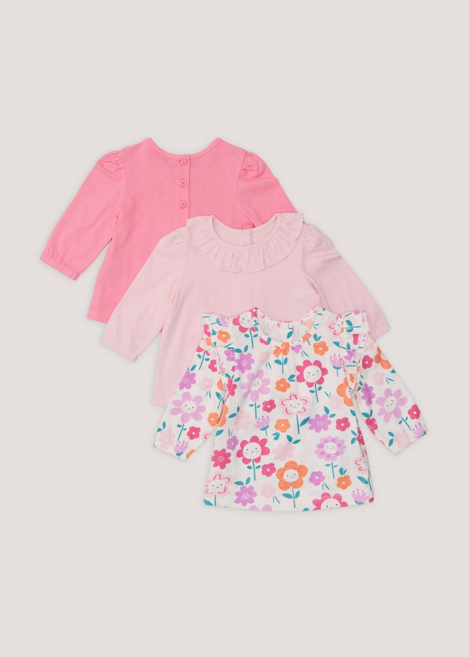 Baby 3 Pack Pink Flower Print Long Sleeve T-Shirts (Newborn-23mths)