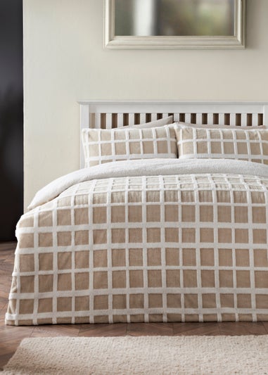 Beige Grid Jacquard Teddy Fleece Reversible Duvet Cover