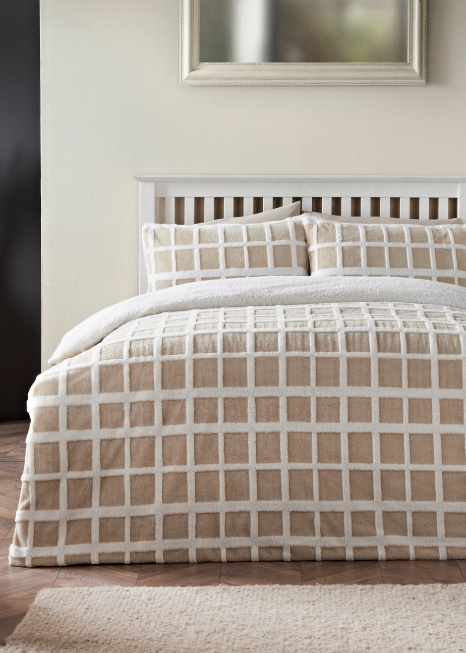 Beige Grid Jacquard Teddy Fleece Reversible Duvet Cover