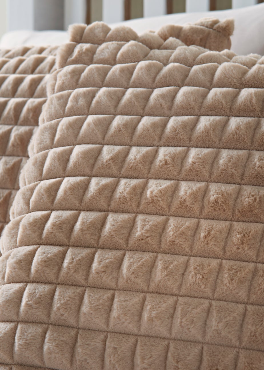 Beige Grid Faux Fur Duvet Cover