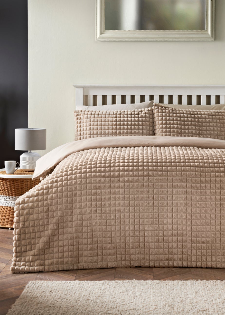 Beige Grid Faux Fur Duvet Cover