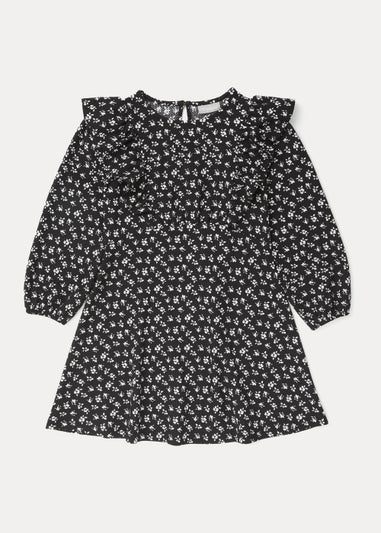Girls Black & White Floral Print Crinkle Dress (4-13yrs)