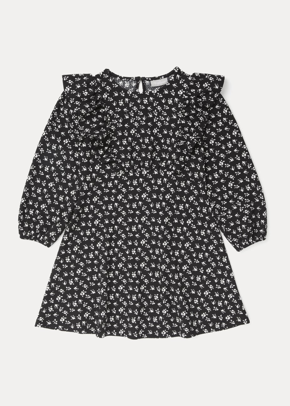 Girls Black & White Floral Print Crinkle Dress (4-13yrs)