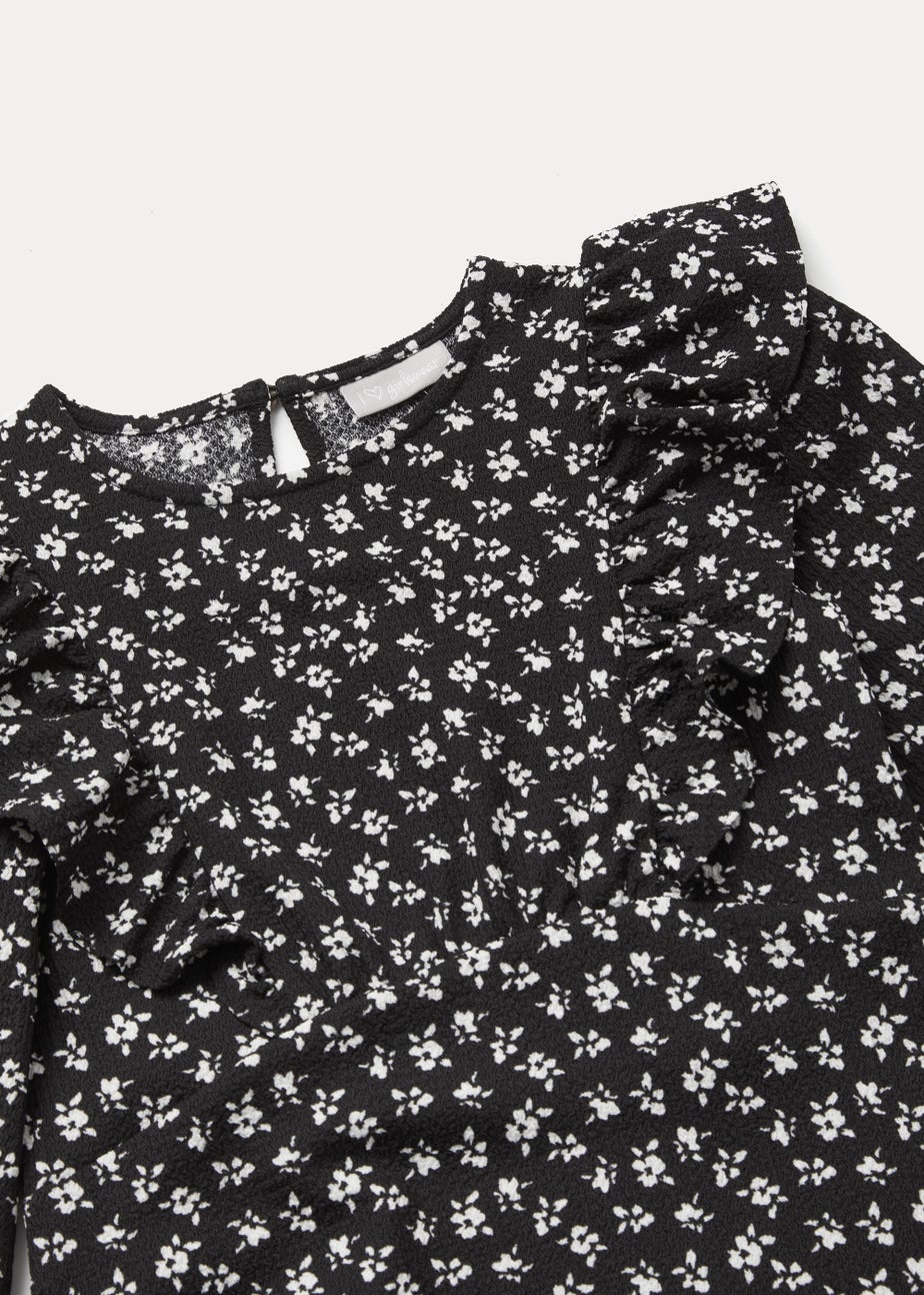 Girls Black & White Floral Print Crinkle Dress (4-13yrs)