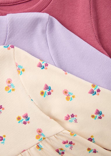 Girls 3 Pack Pink Floral Print Ribbed T-Shirts (9mths-6yrs)