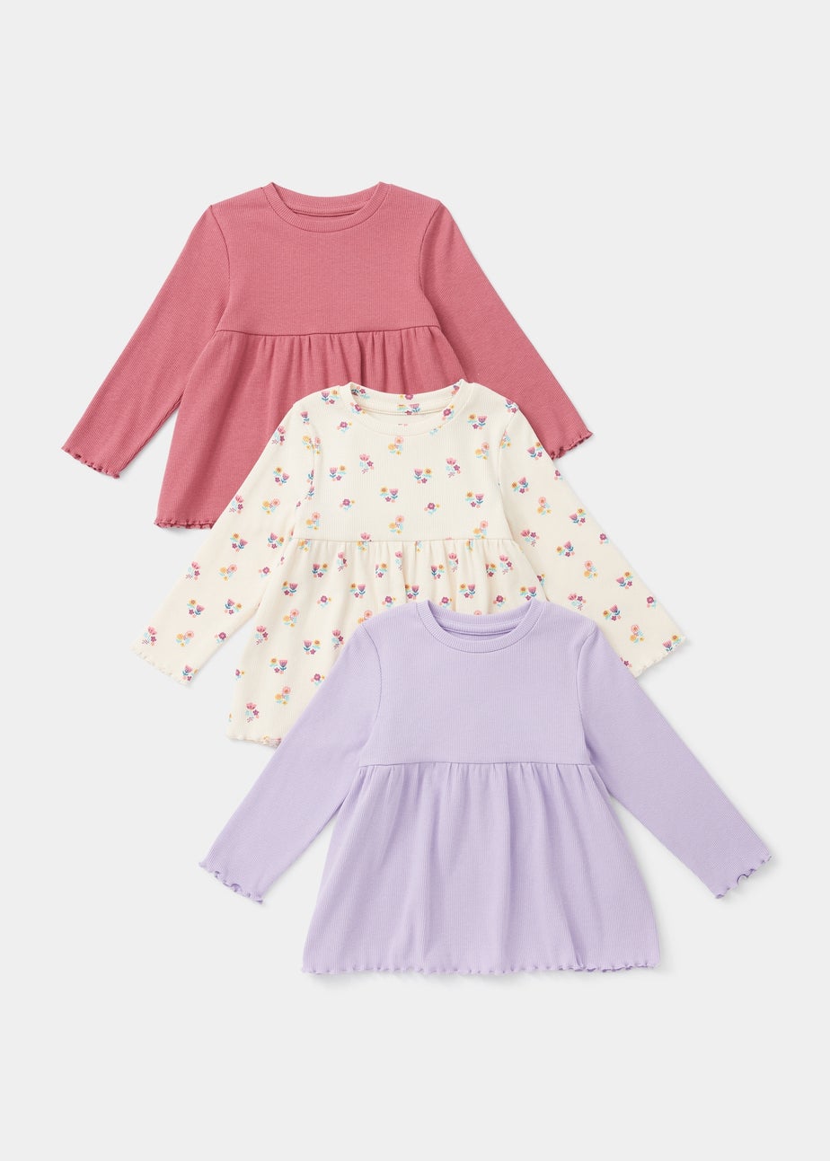 Girls 3 Pack Pink Floral Print Ribbed T-Shirts (9mths-6yrs)