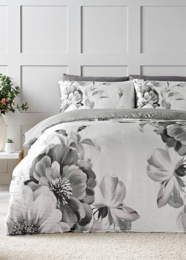 Grey Floral Print Crinkle Duvet Set