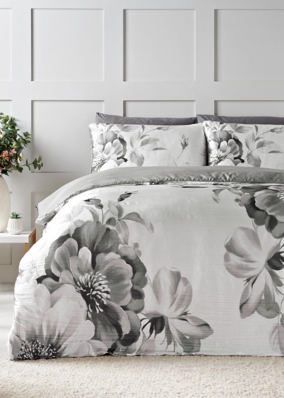Grey Floral Print Crinkle Duvet Set