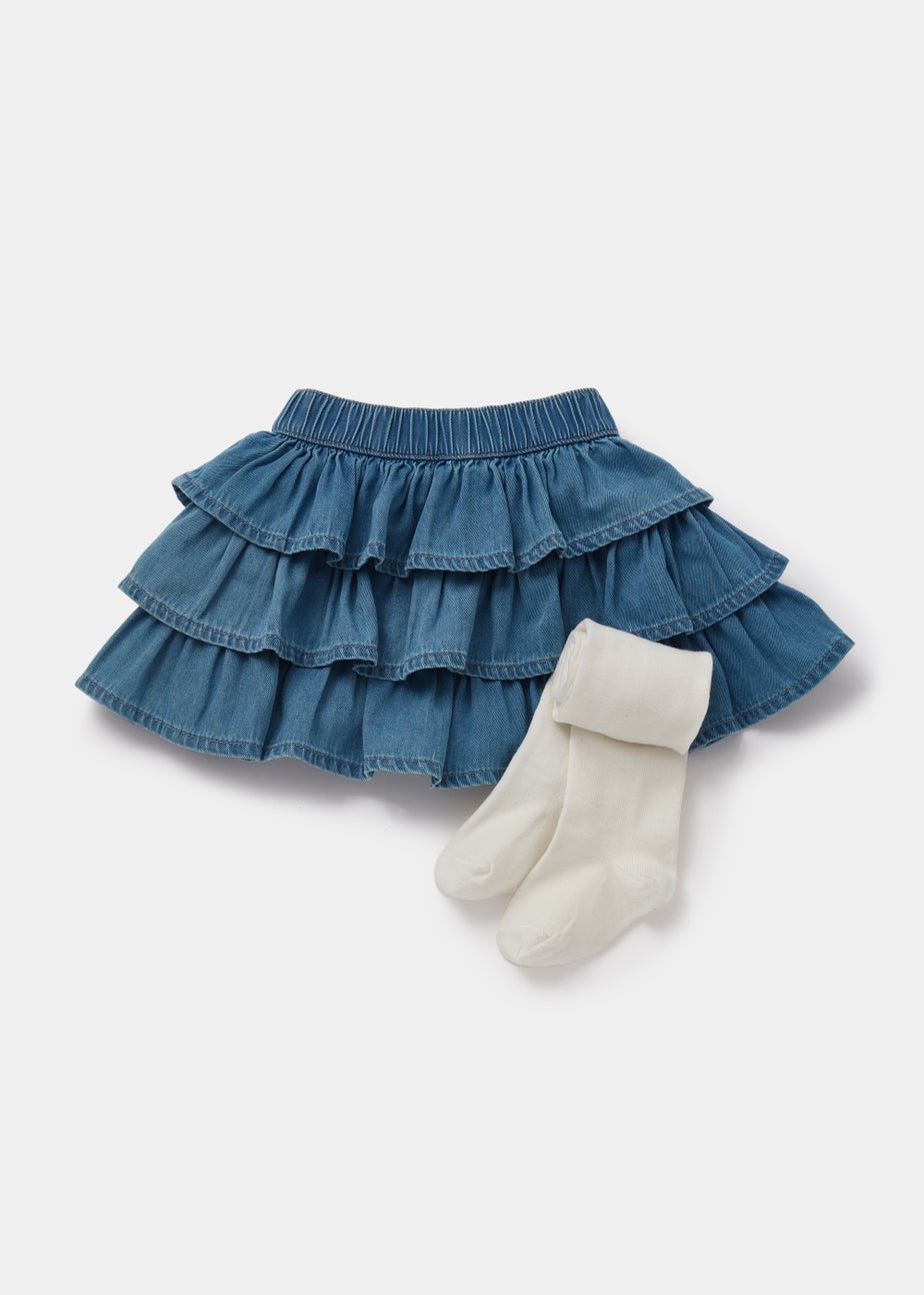Girls Mid Wash Denim Rara Skirt Tights Set (9mths-6yrs) Matalan