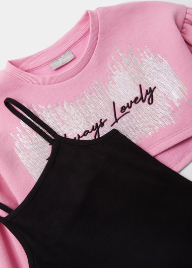 Girls Pink & Black Cropped Sequin Sweatshirt Dress (4-13yrs)