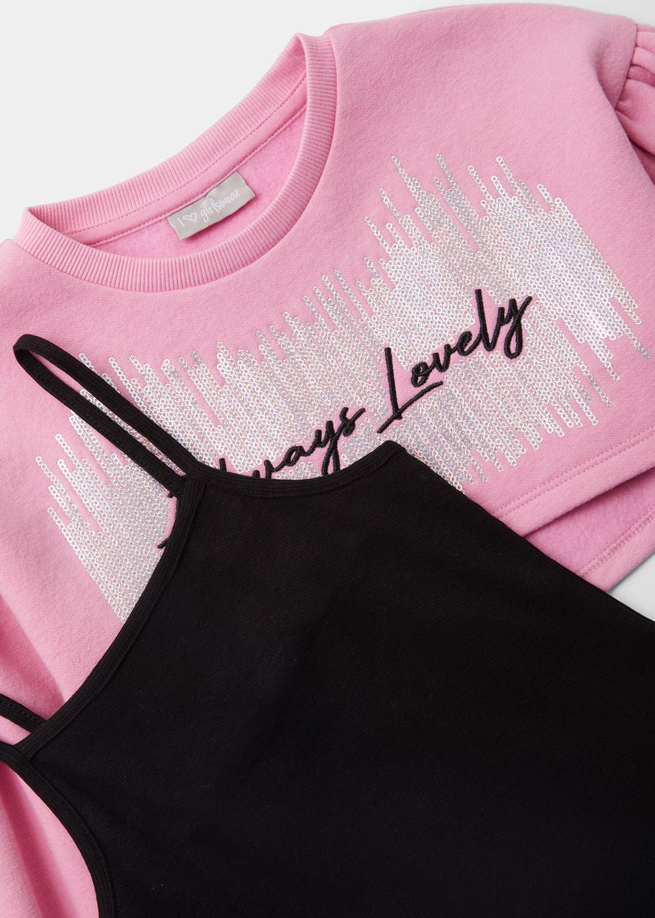 Girls Pink & Black Cropped Sequin Sweatshirt Dress (4-13yrs)