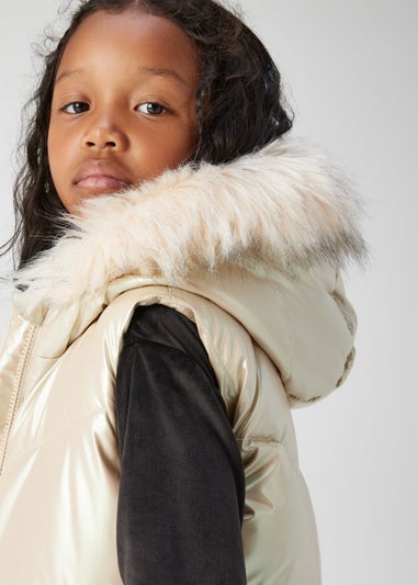 Girls Rose Gold Metallic Faux Fur Hooded Gilet (4-13yrs)