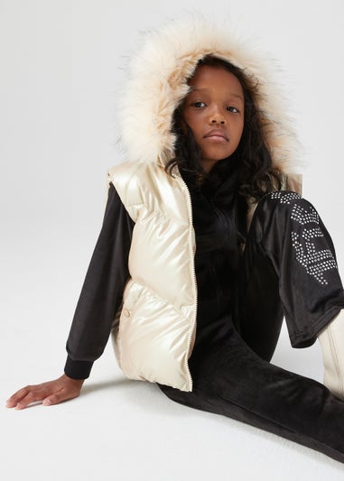 Girls Rose Gold Metallic Faux Fur Hooded Gilet (4-13yrs)
