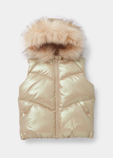 Girls Rose Gold Metallic Faux Fur Hooded Gilet (4-13yrs)