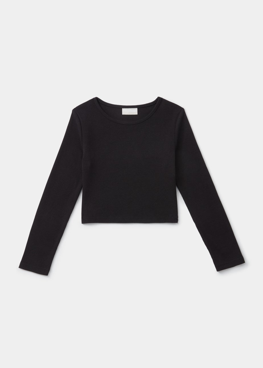Girls Black Ribbed Long Sleeve Top (4-15yrs)