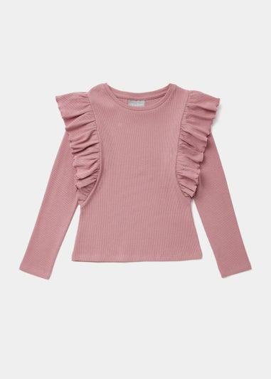 Girls Pink Ribbed Frill Long Sleeve Top (4-13yrs)