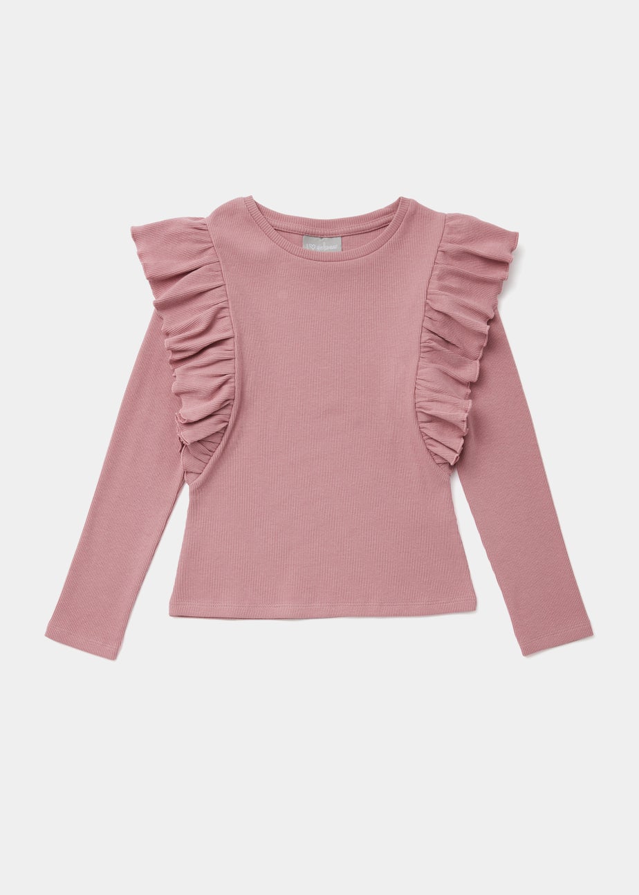 Girls Pink Ribbed Frill Long Sleeve Top (4-13yrs)