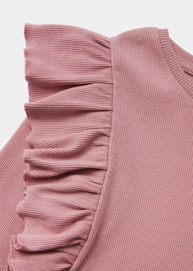 Girls Pink Ribbed Frill Long Sleeve Top (4-13yrs)