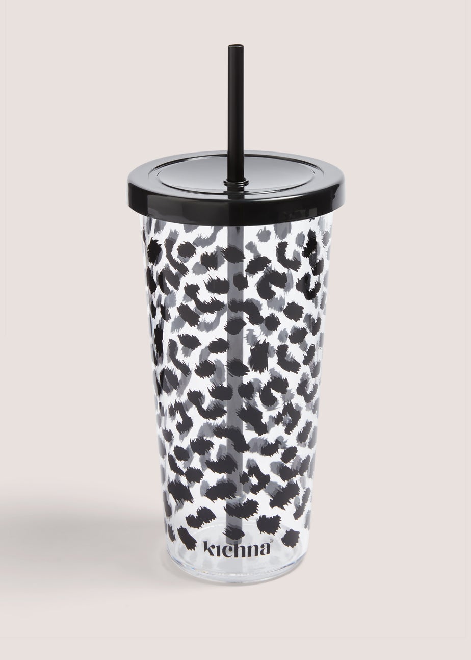 Black & White Leopard Print Straw Tumbler (6cm x 17.5cm)
