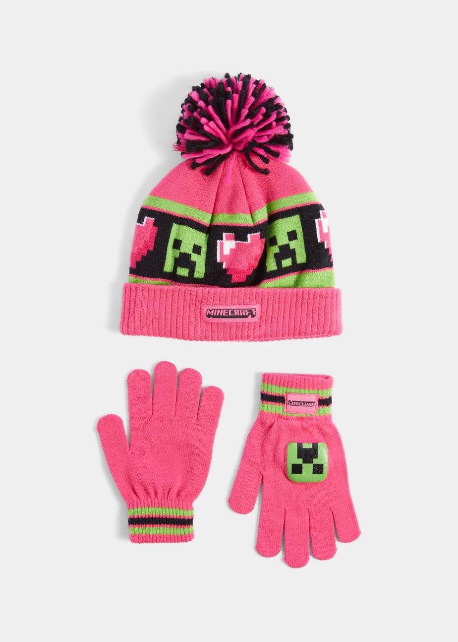 Kids Pink Minecraft Heart Bobble Hat & Gloves Set (3-10yrs)