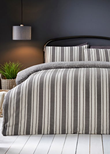 Grey Stripe Teddy Fleece Duvet Cover