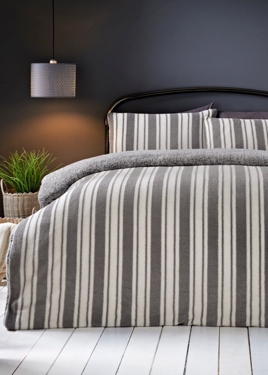 Grey Stripe Teddy Fleece Duvet Cover