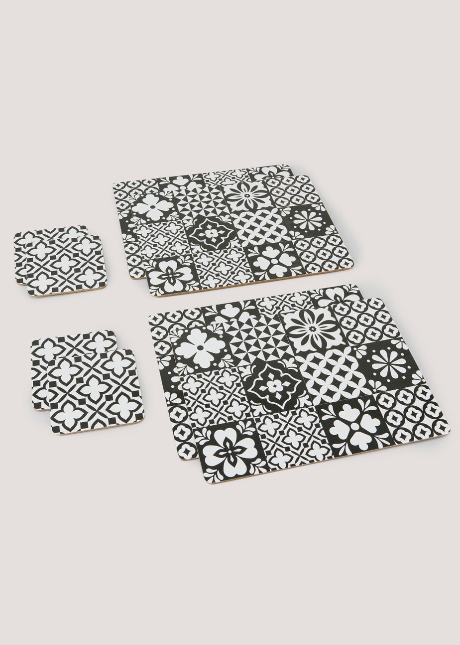 8 Pack Monochrome Tile Print Placemats & Coasters Set