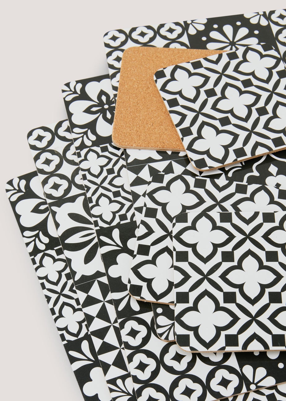 8 Pack Monochrome Tile Print Placemats & Coasters Set