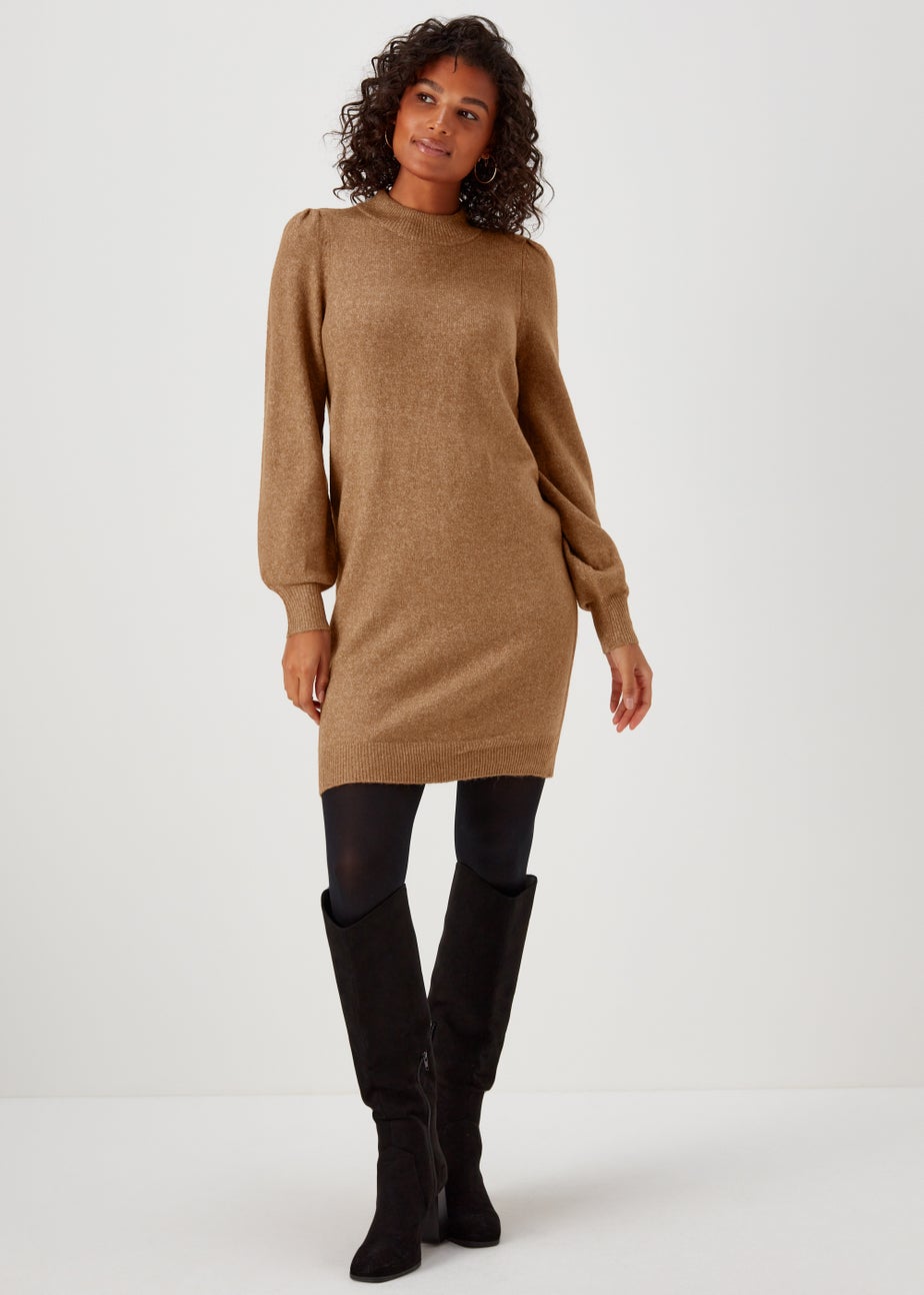 JDY Rue Camel Long Sleeve High Neck Dress