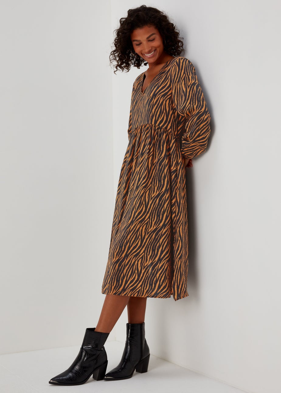 JDY Barbara Brown Zebra Print Long Sleeve Midi Dress