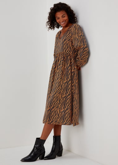 JDY Barbara Brown Zebra Print Long Sleeve Midi Dress