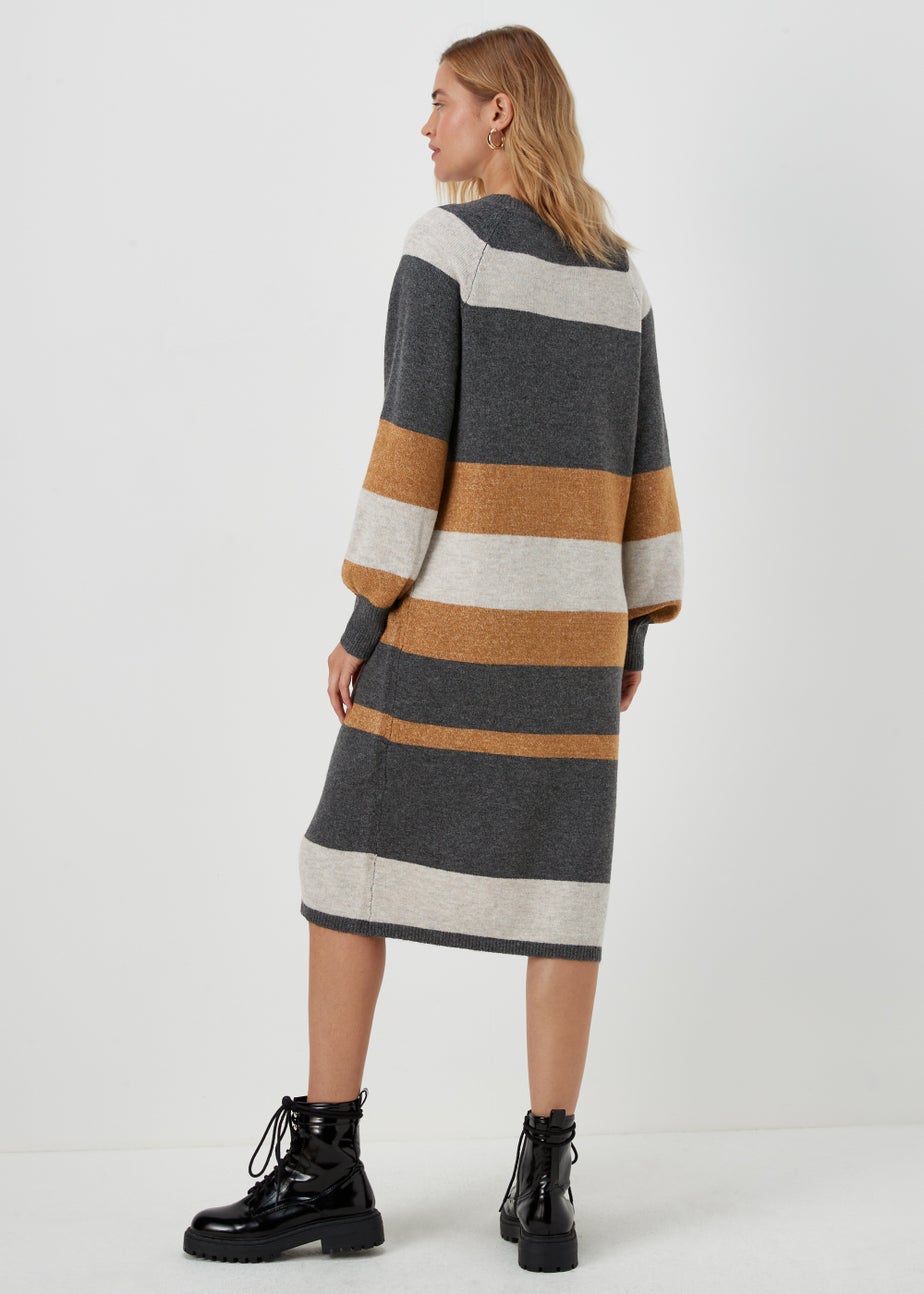 JDY Rue Grey Stripe Long Sleeve Midi Dress