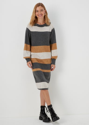 JDY Rue Grey Stripe Long Sleeve Midi Dress