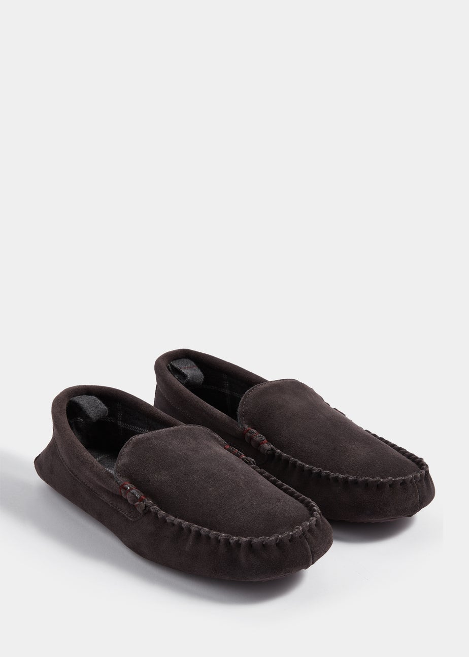 Grey Suede Moccasin Slippers