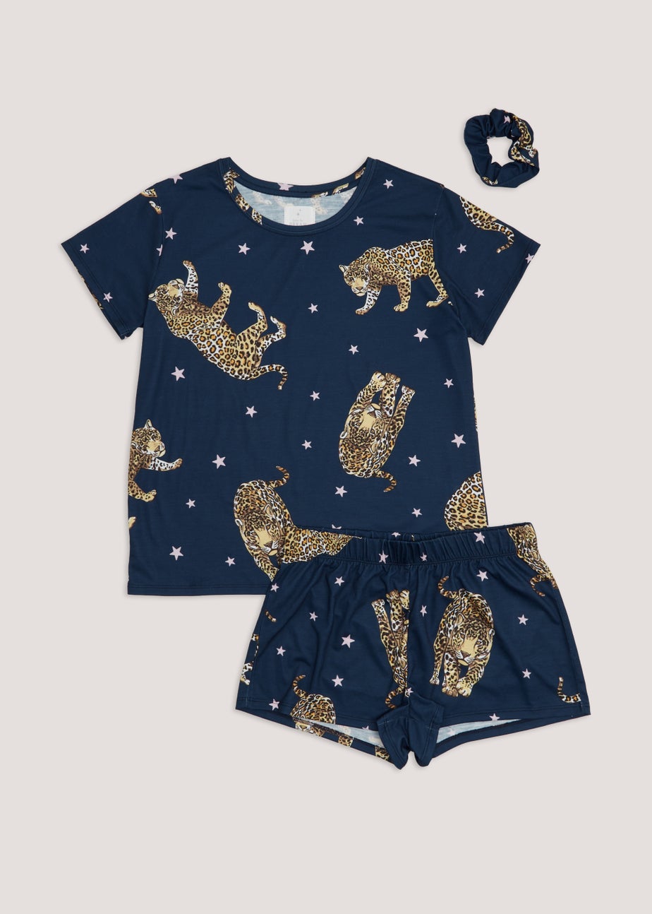Navy Leopard Print Short Pyjama & Scrunchie Set