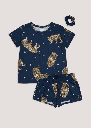 Navy Leopard Print Short Pyjama & Scrunchie Set