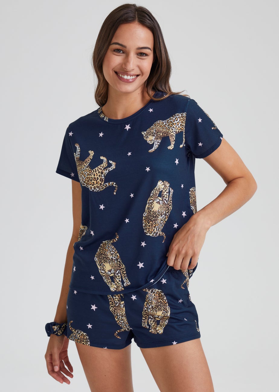 Navy Leopard Print Short Pyjama & Scrunchie Set