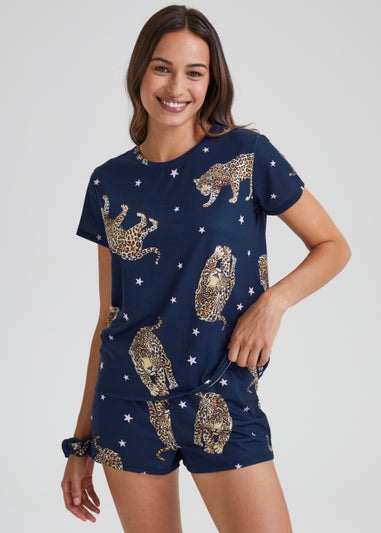 Navy Leopard Print Short Pyjama & Scrunchie Set