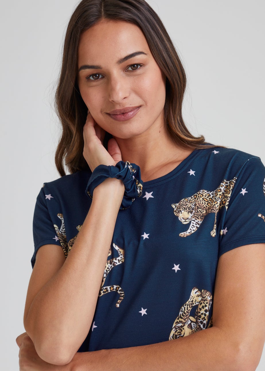 Navy Leopard Print Short Pyjama & Scrunchie Set