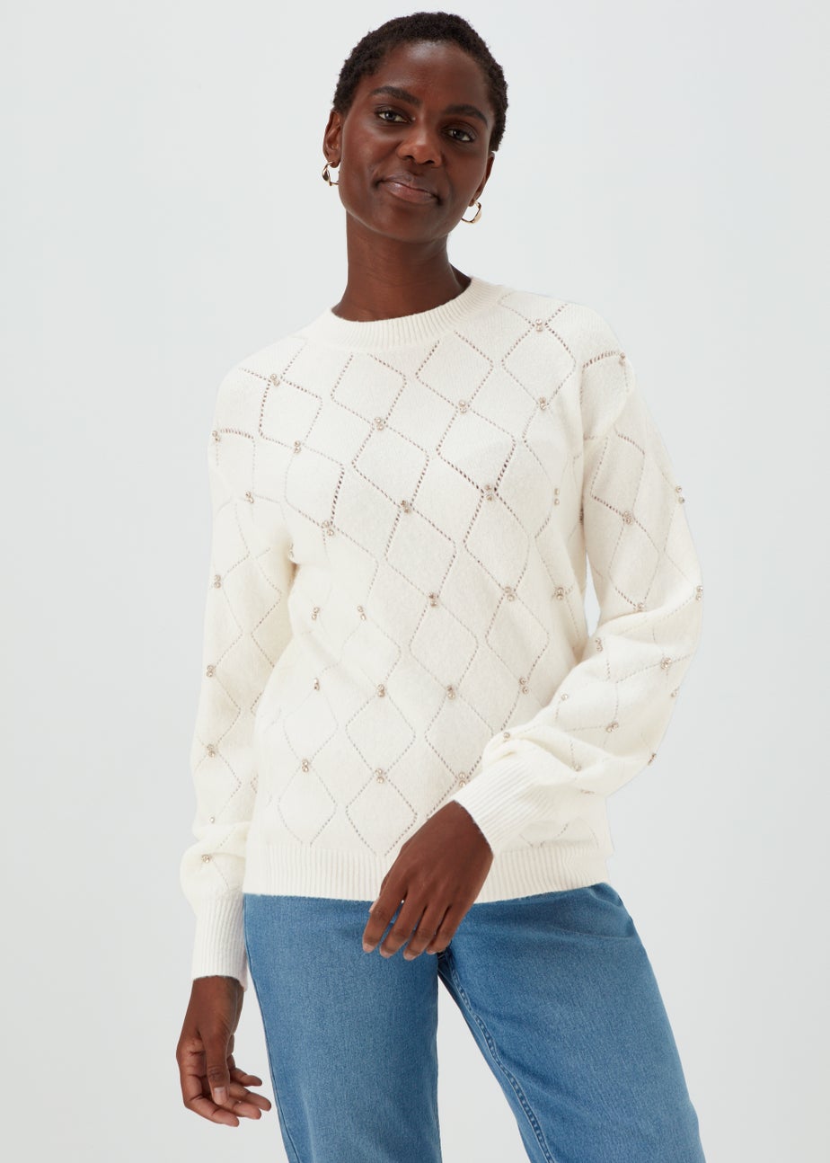 Cream Embellished Diamond Jumper