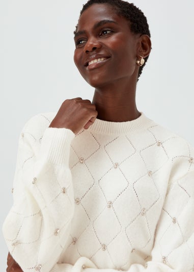 Cream Embellished Diamond Jumper