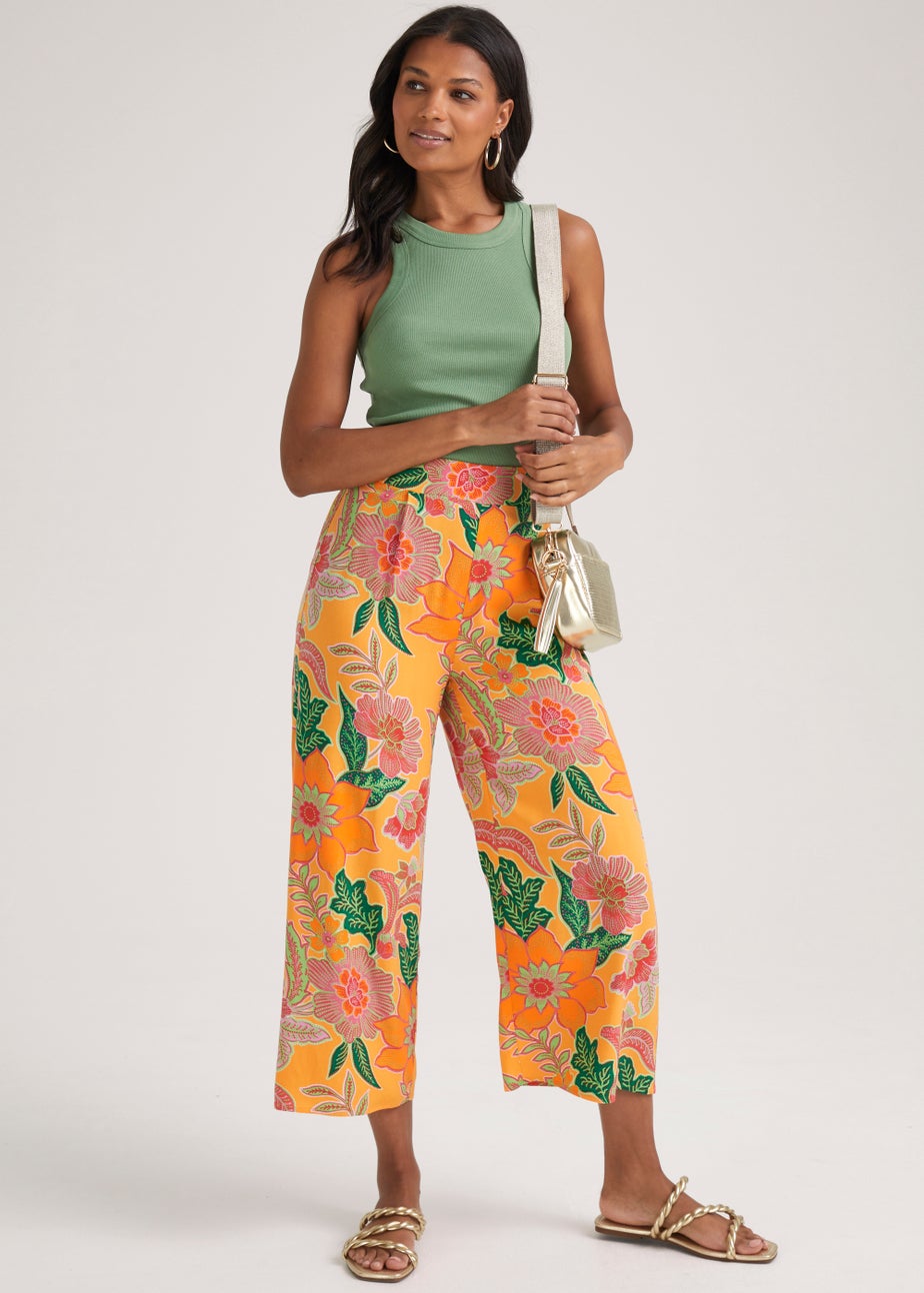 Multicoloured Floral Wide Leg Cropped Trousers