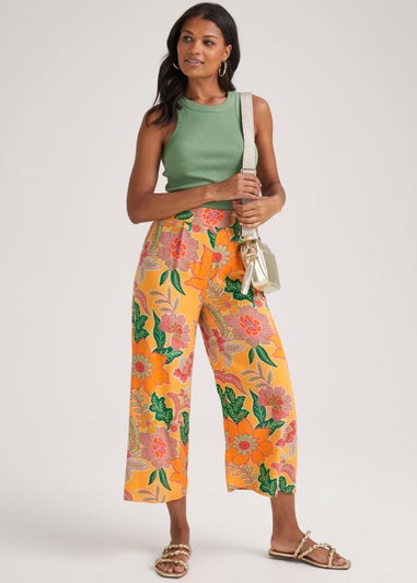 Multicoloured Floral Wide Leg Cropped Trousers