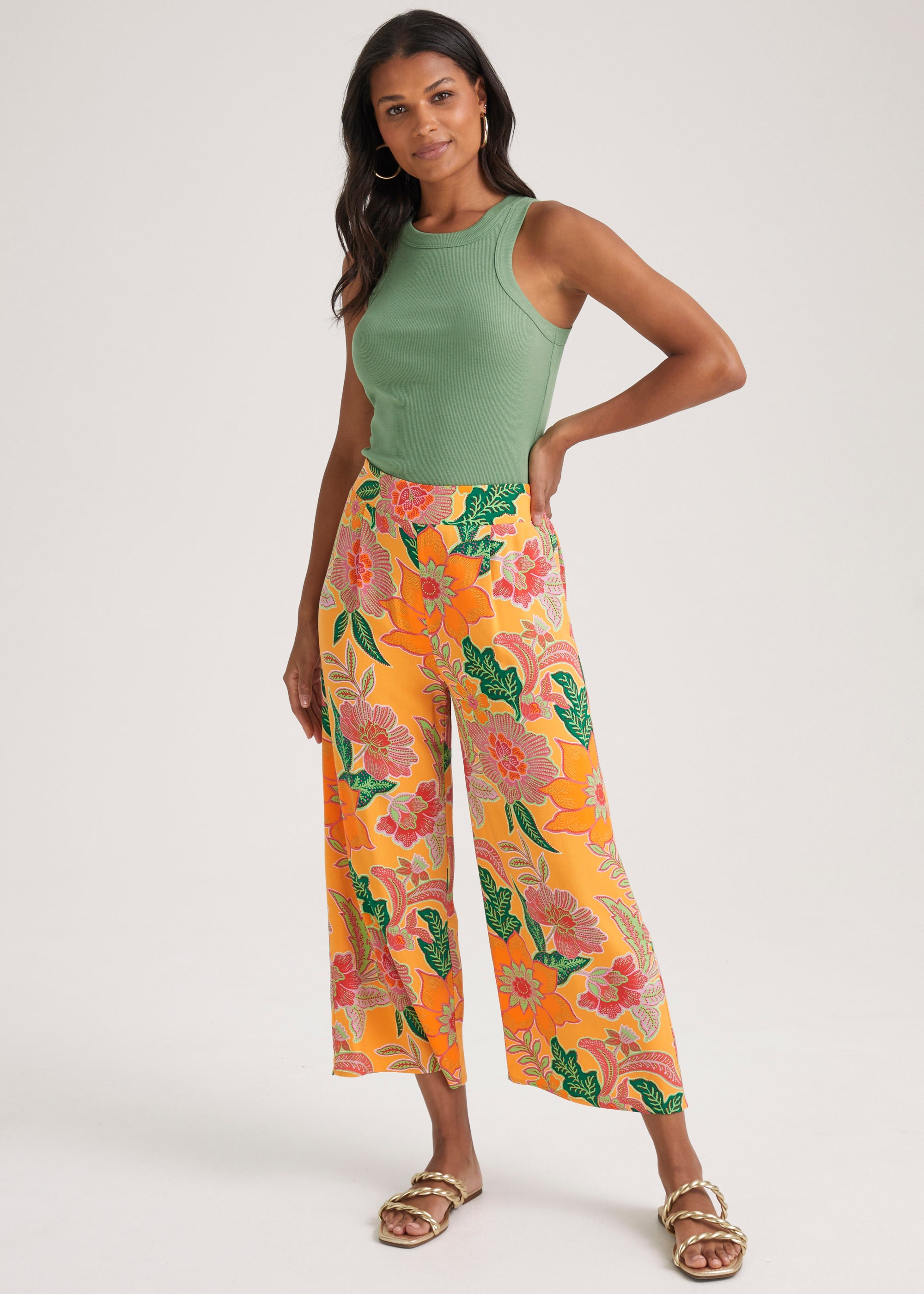 Multicoloured Floral Wide Leg Cropped Trousers - Matalan