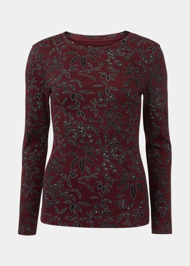 Burgundy Floral Print Long Sleeve T-Shirt