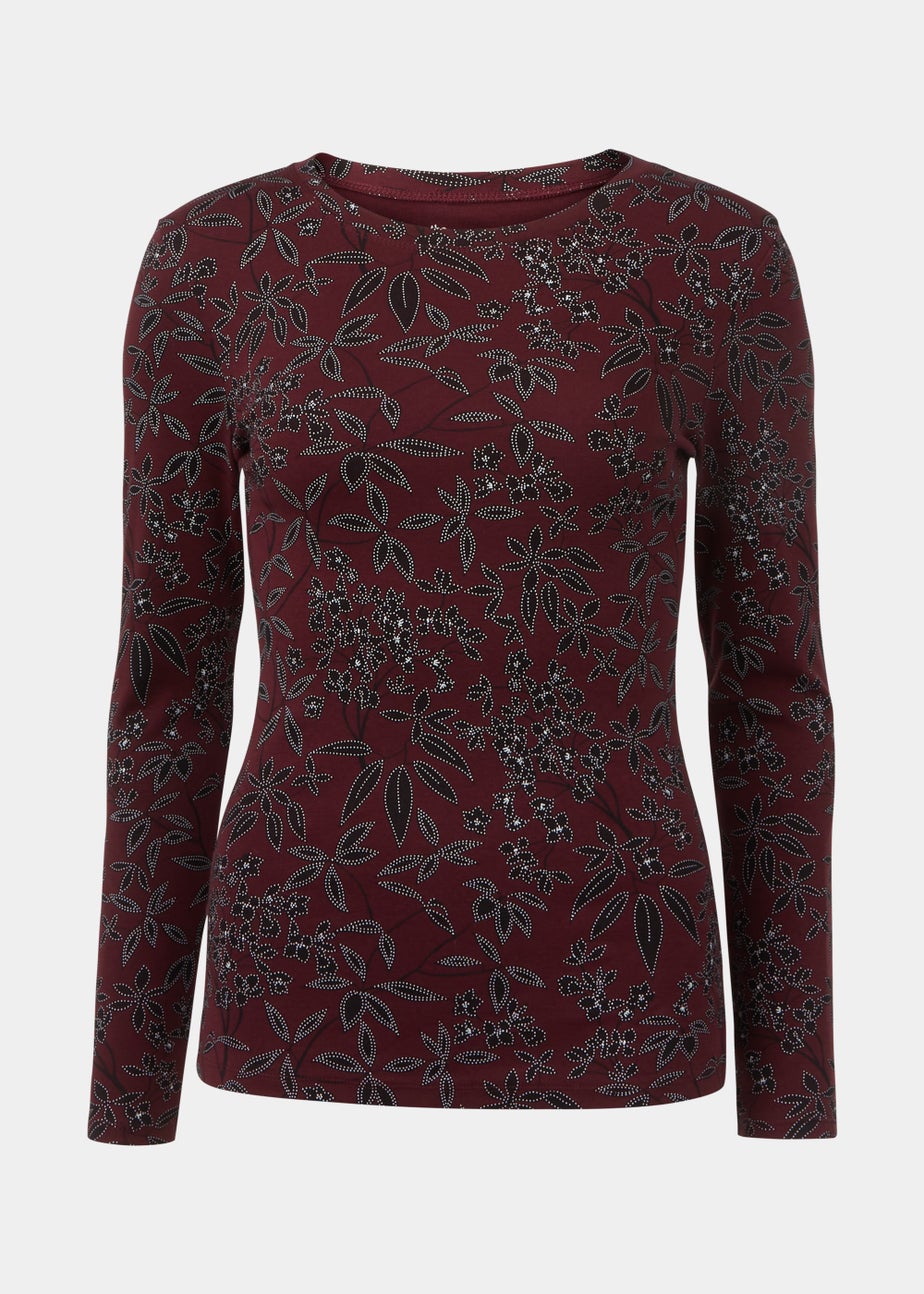 Burgundy Floral Print Long Sleeve T-Shirt