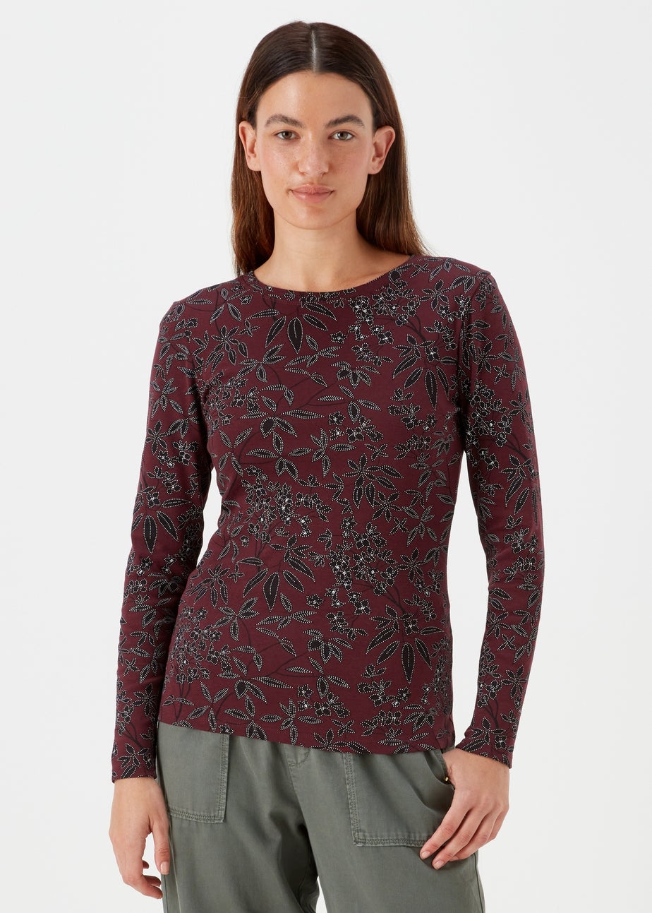 Burgundy Floral Print Long Sleeve T-Shirt